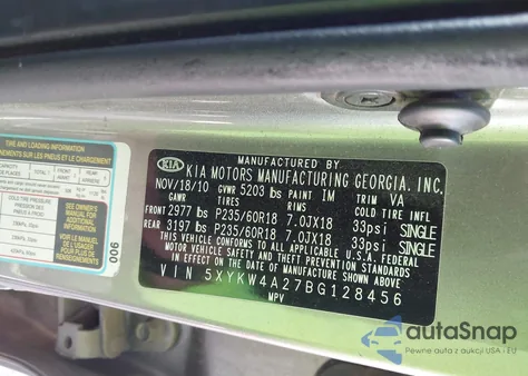 2011 Kia Sorento Sx V6 из США, поврежденный, VIN 5XYKW4A27BG128456